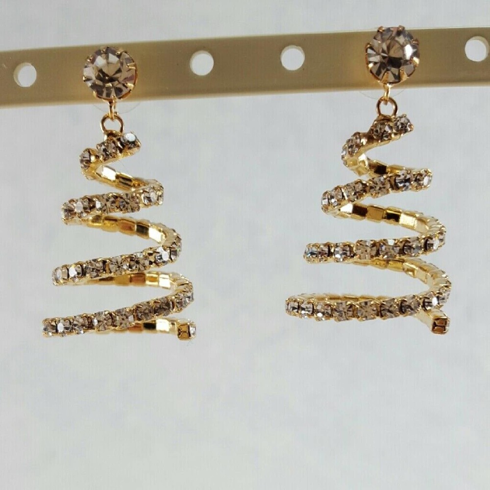 Gold Spiral Earrings with Rhinestones